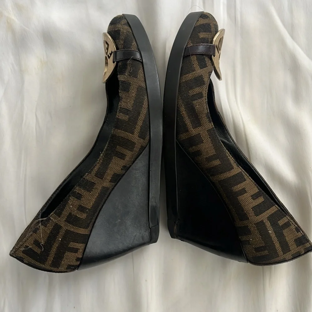 Fendi Zucca Print with big metal FF logo wedge size 36 1/2 / 6 1/2 with flaws